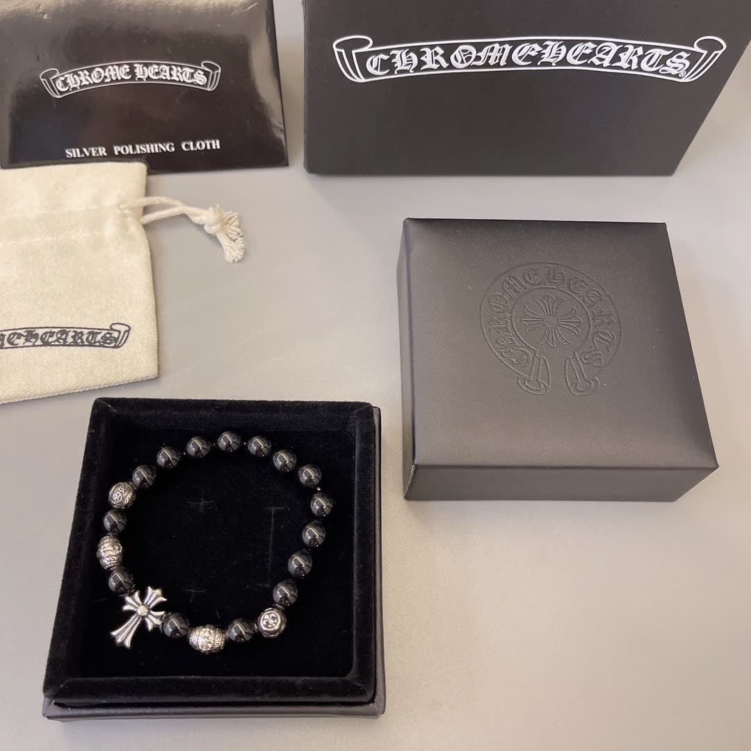 Chrome Hearts Black Bead Bracelet with Cross